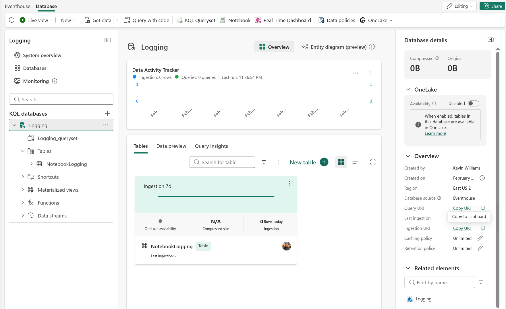 KQL Database summary screen