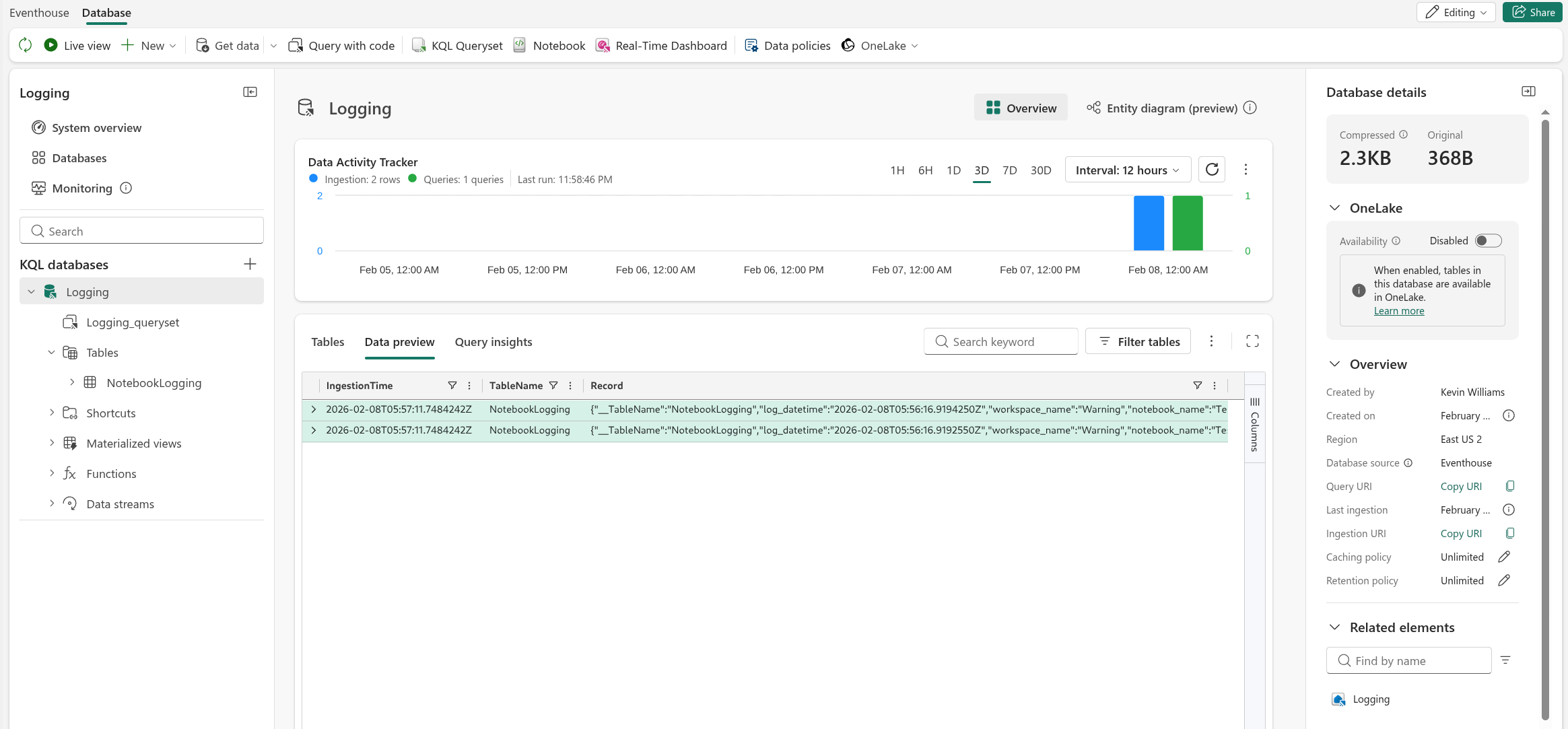 KQL Database table results